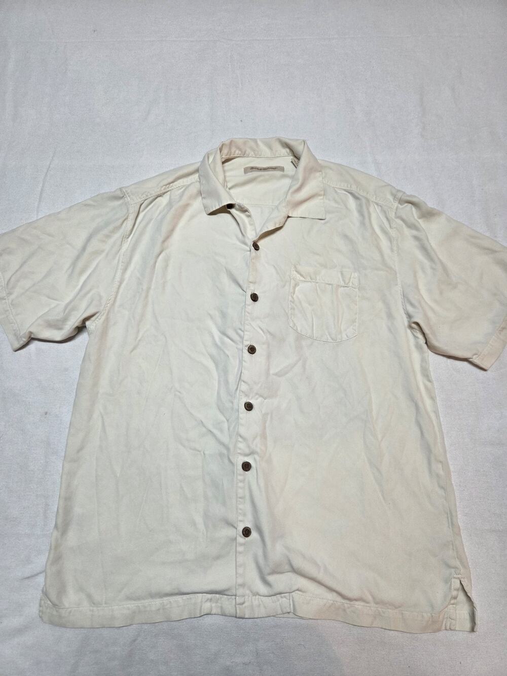 Tommy Bahama 100% Silk Camp Shirt L Light Tan Palm Tree Jacquard Loop Collar